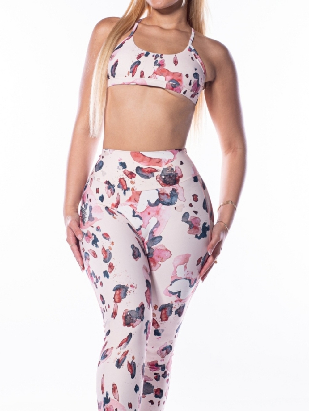 CLS Sportswear Pink Watercolor Athletic Set – Size Large High‑Compression Leggi